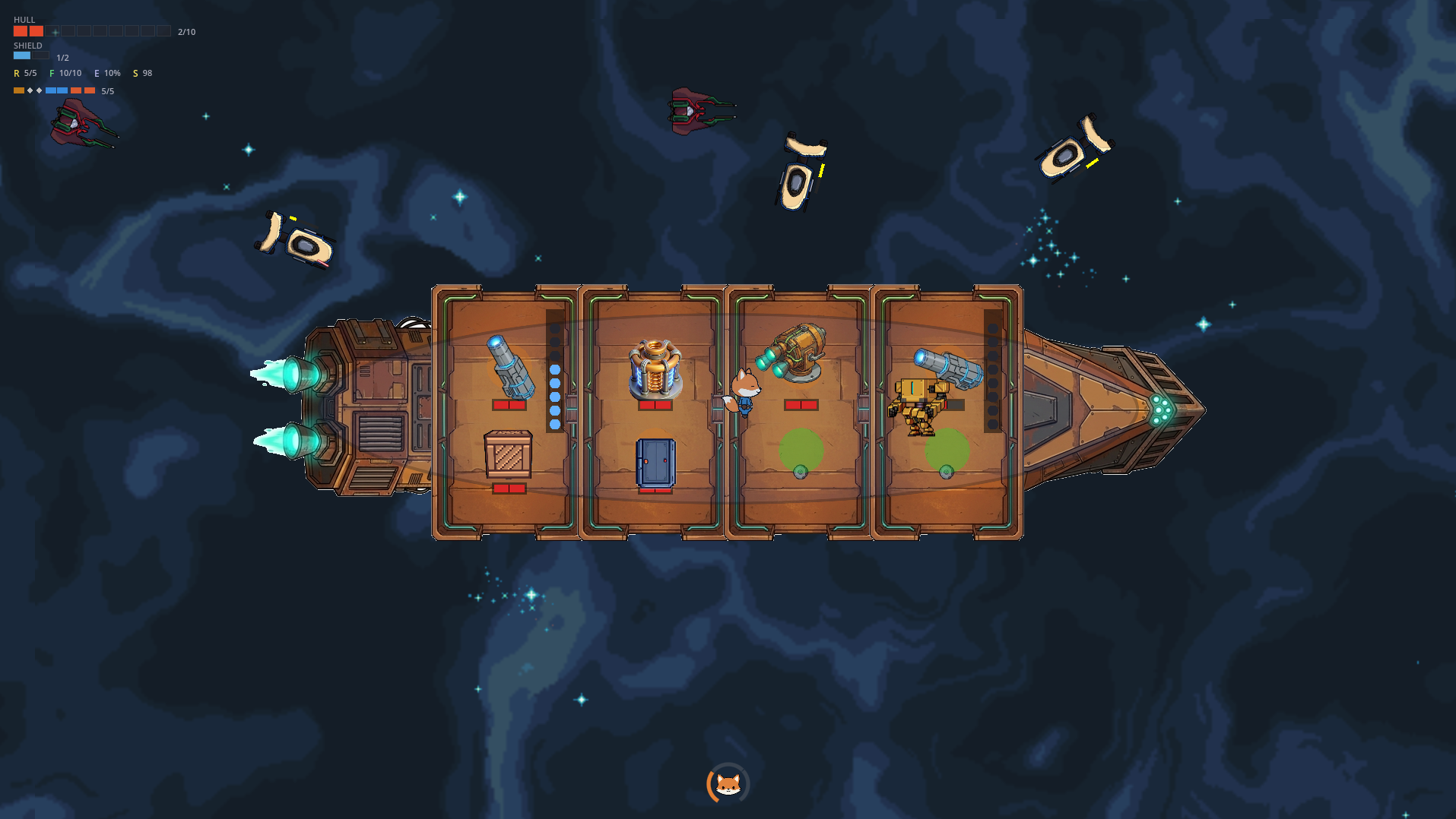 Combat screenshot — fox operating turret, enemies attacking