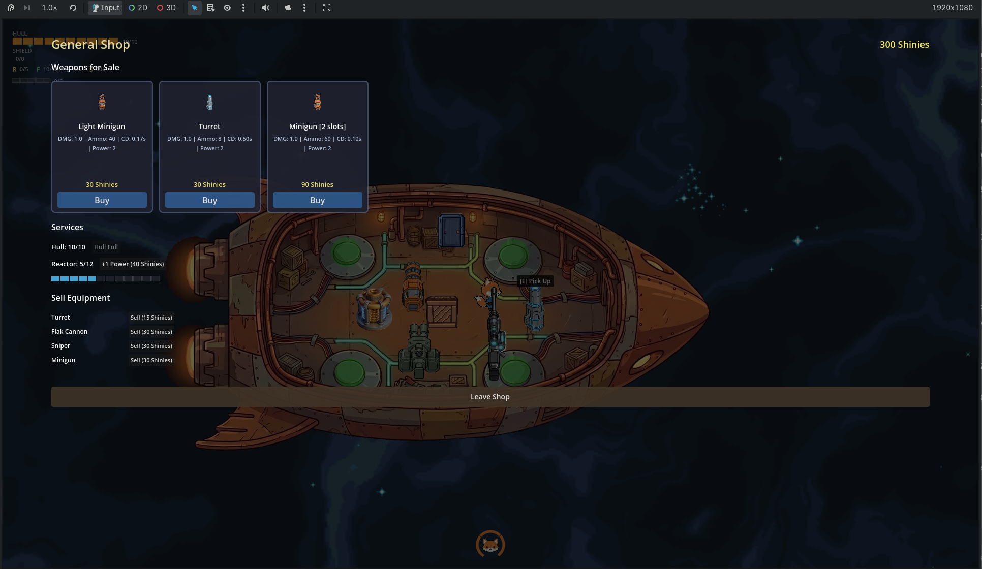 Shop screen — weapon selection, sell equipment, services