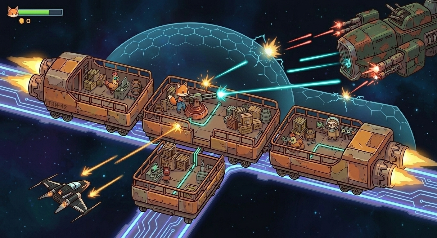 Concept — space train in combat with enemy ships