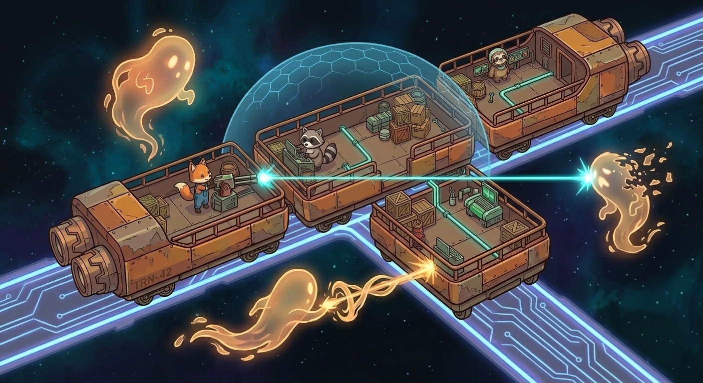 Concept — space train in combat with wisp enemies